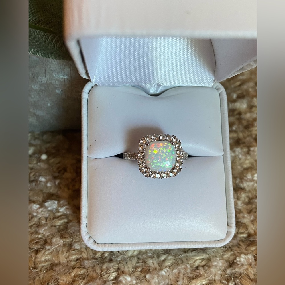 Cushion Cut White Opal and Topaz Ring